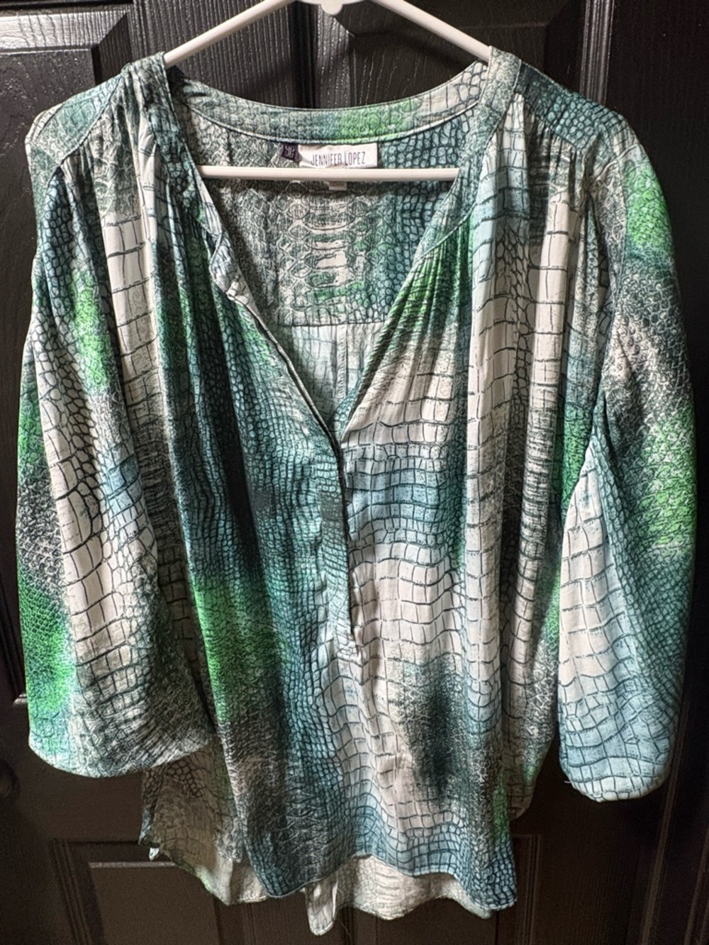 Jennifer Lopez Teal & Green Croc-Print V-Neck Tunic
